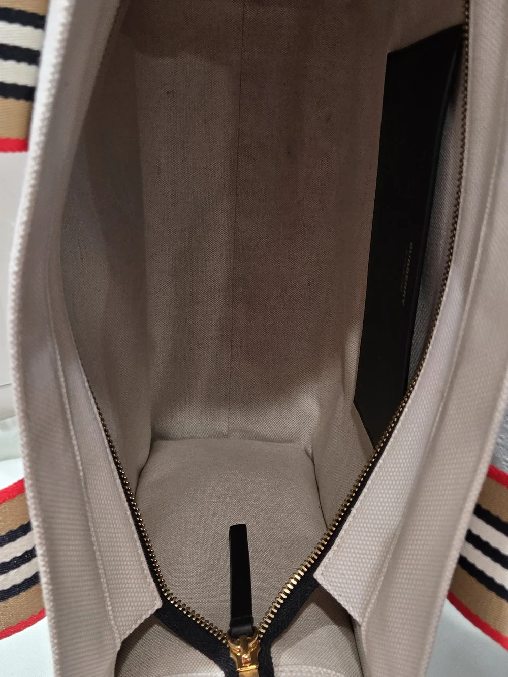 Burberry Canvas Icon Tote in Beige with Black Leather Trim
